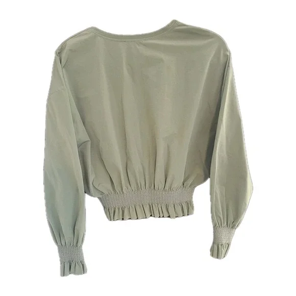 Zara Long Sleeve Crop Shirt‎ M Olive Green Trendy Casual Boho Romantic - Picture 6 of 7